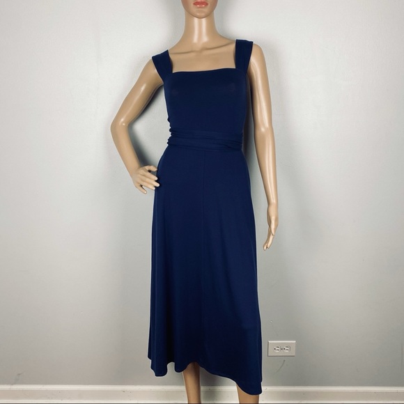 NEW REFORMATION DARK BLUE TIE BACK MIDI DRESS - Picture 2 of 8